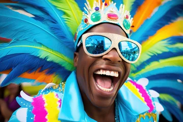 Foto op Canvas Cheerful Brazilian man celebrating carnival day. Party of Colours: Capturing the Essence of Carnival. © Jsanz_photo