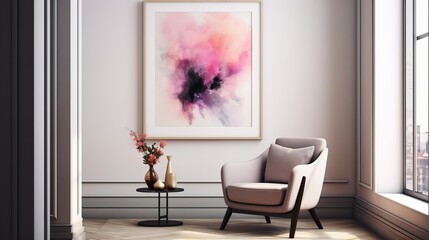 A pink velvet armchair with a picture frame that features abstract art