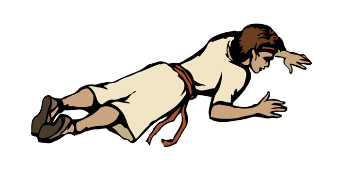 An exhausted person lies on the ground. Vector drawing