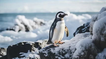 Fotobehang A shot that is selectively focused on a penguin standing on a rock © Ruslan