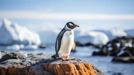 Fotobehang A shot that is selectively focused on a penguin standing on a rock © Ruslan