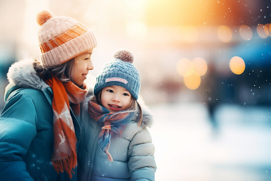 Happy Mother And Daughter Having Fun And Skating On Skating Rink