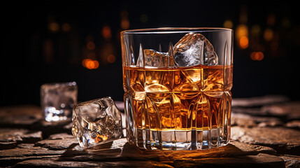 A close-up of a whisky-filled glass with ice cubes. - obrazy, fototapety, plakaty