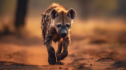 Poster A spotted hyena walking on a dirt road is captured in a shallow focus shot with a blurry background. © Ruslan