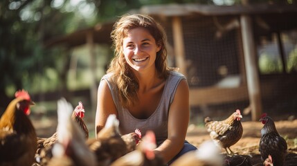 A woman who is smiling is giving the chickens a full shot.