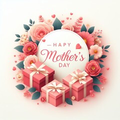 Fototapeta na wymiar Happy Mother's Day, congratulatory illustration for mother's day, heart, flowers, gift 