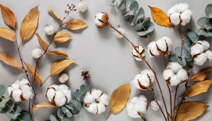 Border crafted from eucalyptus branches, cotton flowers, and dried leaves on a soft gray backdrop. Autumn-themed setup. Overhead view in a flat lay style