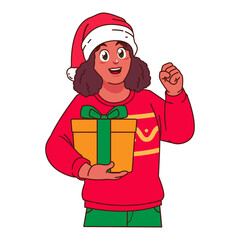 Black Woman in Christmas sweater and Santa hat holding a gift box