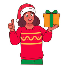 Black Woman in Christmas sweater and Santa hat holding a gift box