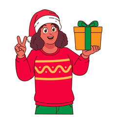 Black Woman in Christmas sweater and Santa hat holding a gift box