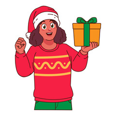 Black Woman in Christmas sweater and Santa hat holding a gift box