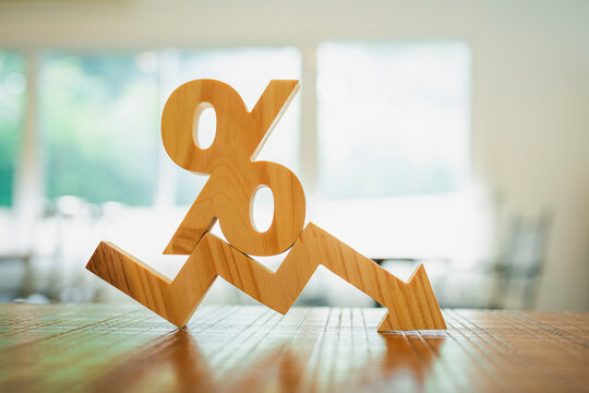 Percentage model and down arrow. concepts for success, methods, systems of raising or lowering Fed interest rates to correct inflation concepts.