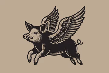 Fotobehang Flying pig with wings. Vintage retro engraving illustration. Black icon, isolated element. Art vector illustration © Victoria