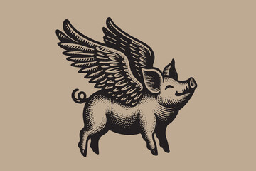 Flying pig with wings. Vintage retro engraving illustration. Black icon, isolated element - obrazy, fototapety, plakaty