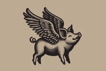 Fotobehang Flying pig with wings. Vintage retro engraving illustration. Black icon, isolated element © Victoria