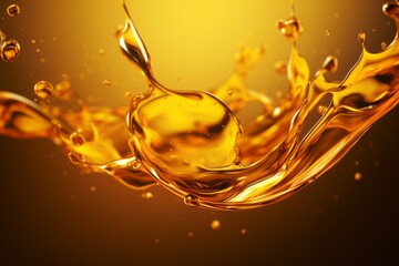 Splash of orange liquid oil on dark background, cosmetics or products concept