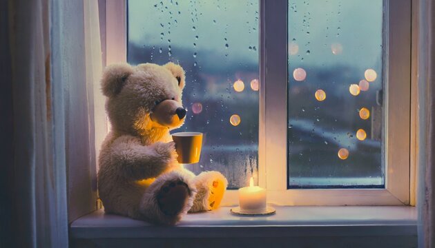 Orsetto di peluche beve un caff&egrave; alla finestra