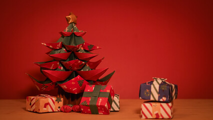 Origami christmas tree with gifts