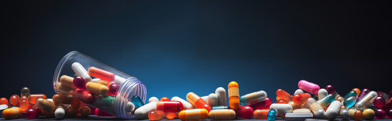 Medicine capsules in bright colors spilled out of a transparent pill box on a blue background banner