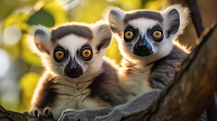 Obraz premium A park scene shows cute ringtailed lemurs playing on a tree