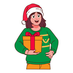 Woman in Christmas sweater and Santa hat holding a gift box