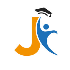 Education Logo On Letter J With Graduation Hat Icon. Graduation Symbol