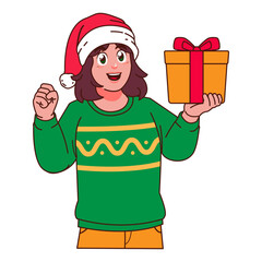 Woman in Christmas sweater and Santa hat holding a gift box