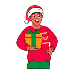 Black Man in Christmas sweater and Santa hat holding a gift box