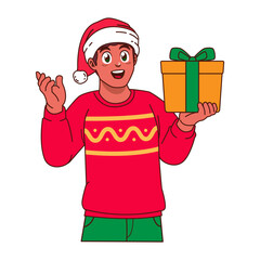 Black Man in Christmas sweater and Santa hat holding a gift box