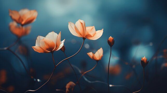 A group of orange flowers are shown in a dark background, AI - Powered by Adobe