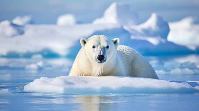 The arctic sea is home to a wild polar bear on pack ice.
