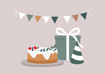 A birthday decoration set in serene natural tones includes a paper garland, a cone hat, a flower-adorned cake, and a gift box, creating a peaceful and charming ambiance for celebrations