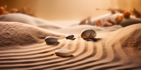 Spa and zen beige background relaxation and meditation concept for purity spirituality serenity calmness peaceful harmony simplicity relax sand and stones with lines and copyspace - obrazy, fototapety, plakaty
