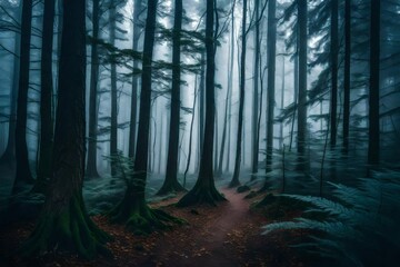 A mesmerizing view of a cold, foggy forest enveloped in an ethereal mist, where tall trees with  branches stand like sentinels