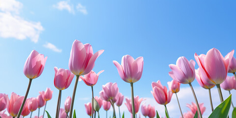 Seasonal light pink spring tulip flowers with clear blue sky in background