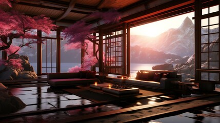 An interior design image of a traditional Japanese room with tatami flooring, shoji doors, and a...
