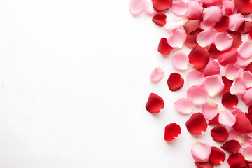 Top view of red and pink rose flower petals on side of white background with copy space
