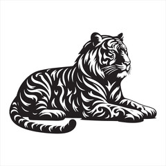Tiger Silhouette: Striking Wild Beast in Elegant Black Contours for Designers - Minimallest tiger black vector Silhouette
