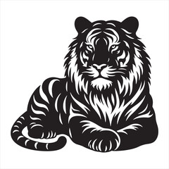 Tiger Silhouette: Fearless Jungle Predator Rendered in Detailed Black Lines - Minimallest tiger black vector Silhouette
