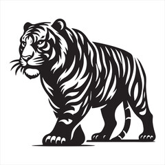 Tiger Silhouette: Energetic Big Cat Movement Encapsulated in Sleek Black Lines - Minimallest tiger black vector Silhouette
