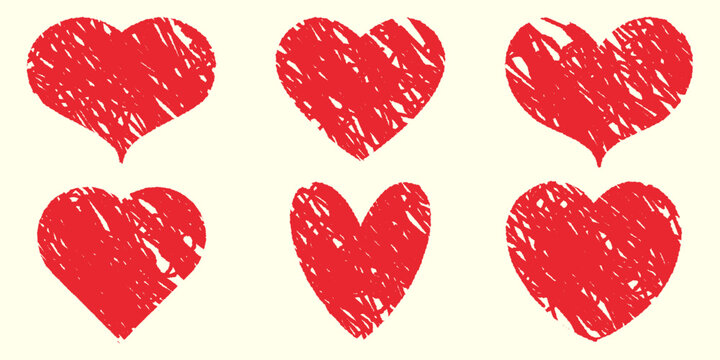 A set of hand drawn hearts with a doodle effect with a pencil texture. Vector illustration of stickers for retro collages.