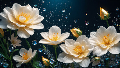 Obraz na płótnie Canvas Illuminated water lilies-style plants with white flowers floating on water, big shiny drops falling, on a dark background. Dark studio flowers photography style image.