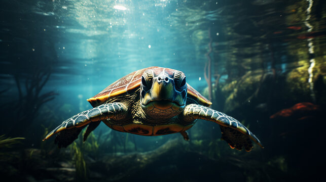  turtle wide eyes swimming underwater