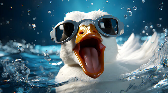 white duck with black sunglasses is splashing in clear blue water, looking at the camera with an open beak, as water droplets fly around