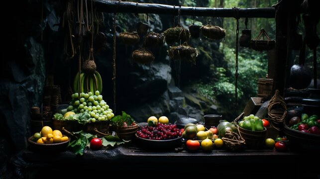 A vibrant image of fresh fruits and vegetables on a wooden table, Emphasizes organic and healthy food, featuring items like peppers, grapes, and tomatoes