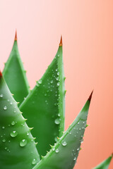 Succulent leaf over a light pink background. Close up of Aloe Vera plant, spiked leaves. Waterdrops. Green and peachy colors. Copy space background for Health and beauty products.