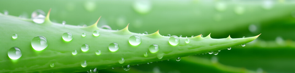 Aloe vera, Macro aloe leaf with water drops on it. Banner design concept for natural cosmetics, refreshment, moisturizing, freshness. 
