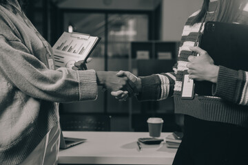 Meeting and greeting concept, Two confident Business handshake and business people after discussing...