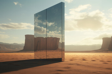 Desert landscape in digital style. Entrance into another world. Big standing mirror in natural landscape, tunnel to fantasy world - obrazy, fototapety, plakaty