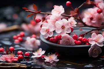 Blooming sakura flowers, close-up. Cherry blossoms in the street. The Japanese symbol. Spring background with pink petals